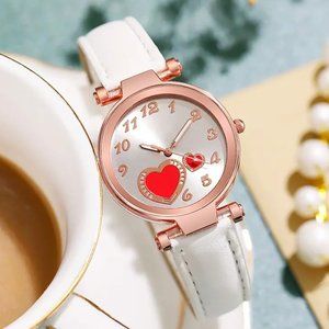 Elegant Love Heart Design Wrist Watch for Women White Strap Silver Dial